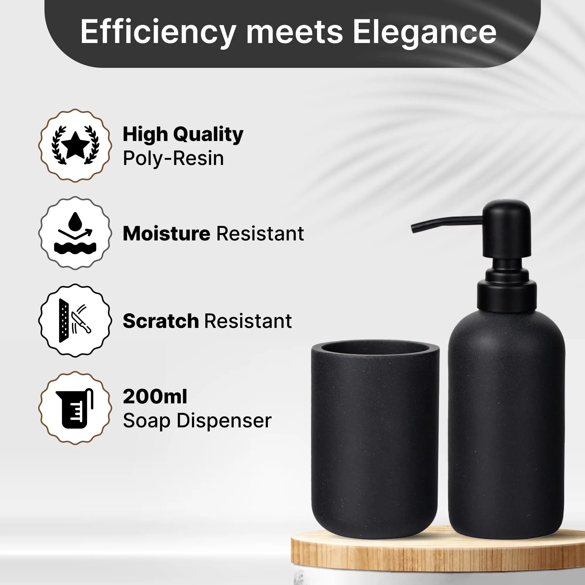 UMAI 4 Pcs Polyresin Bathroom Accessories Set - Soap Dispenser for Bathroom, Soap Holder for Bathroom, Tumbler & Tray | Bathroom Organiser | Handwash Dispenser | Moisture-Resistant | Black