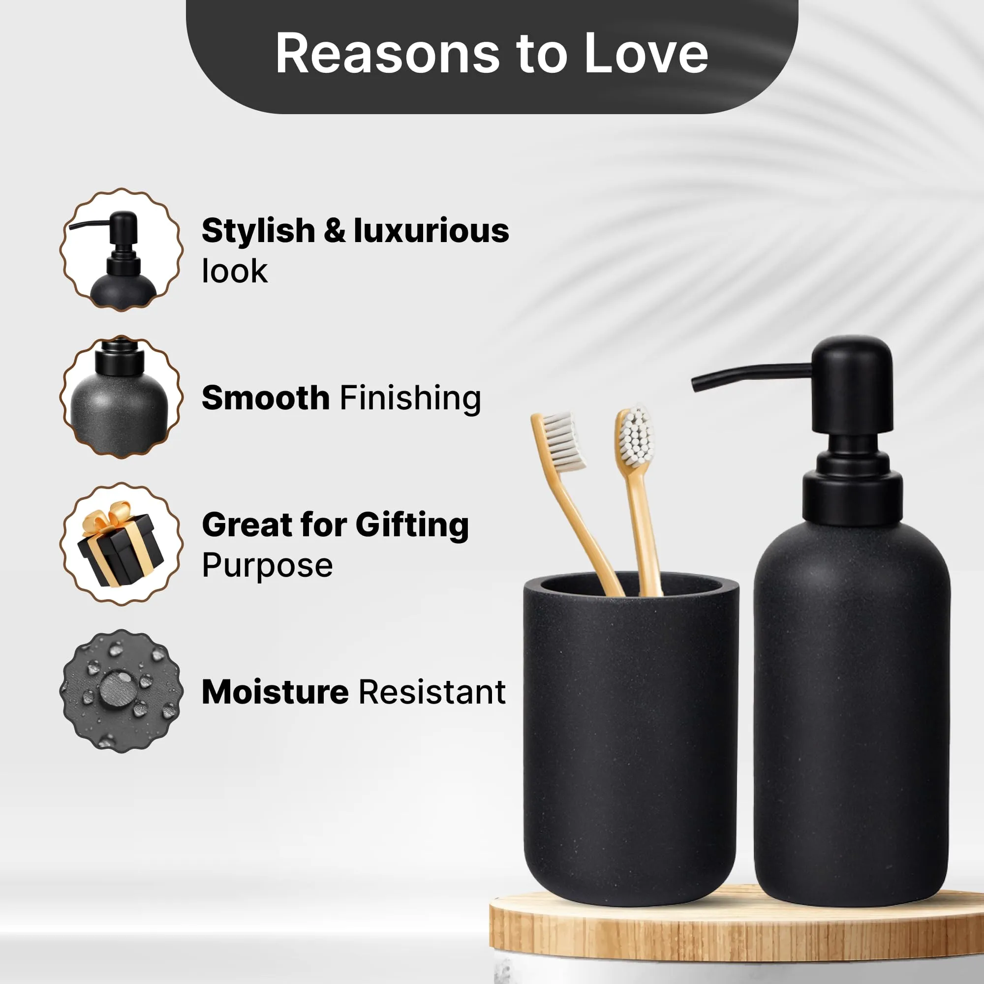UMAI 4 Pcs Polyresin Bathroom Accessories Set - Soap Dispenser for Bathroom, Soap Holder for Bathroom, Tumbler & Tray | Bathroom Organiser | Handwash Dispenser | Moisture-Resistant | Black