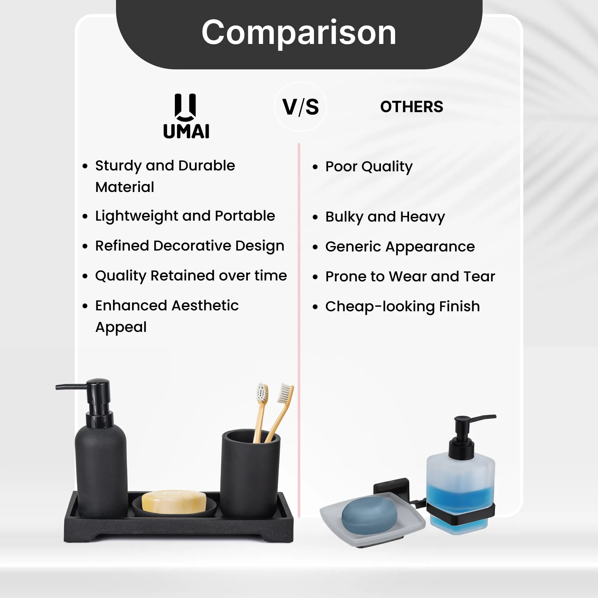 UMAI 4 Pcs Polyresin Bathroom Accessories Set - Soap Dispenser for Bathroom, Soap Holder for Bathroom, Tumbler & Tray | Bathroom Organiser | Handwash Dispenser | Moisture-Resistant | Black