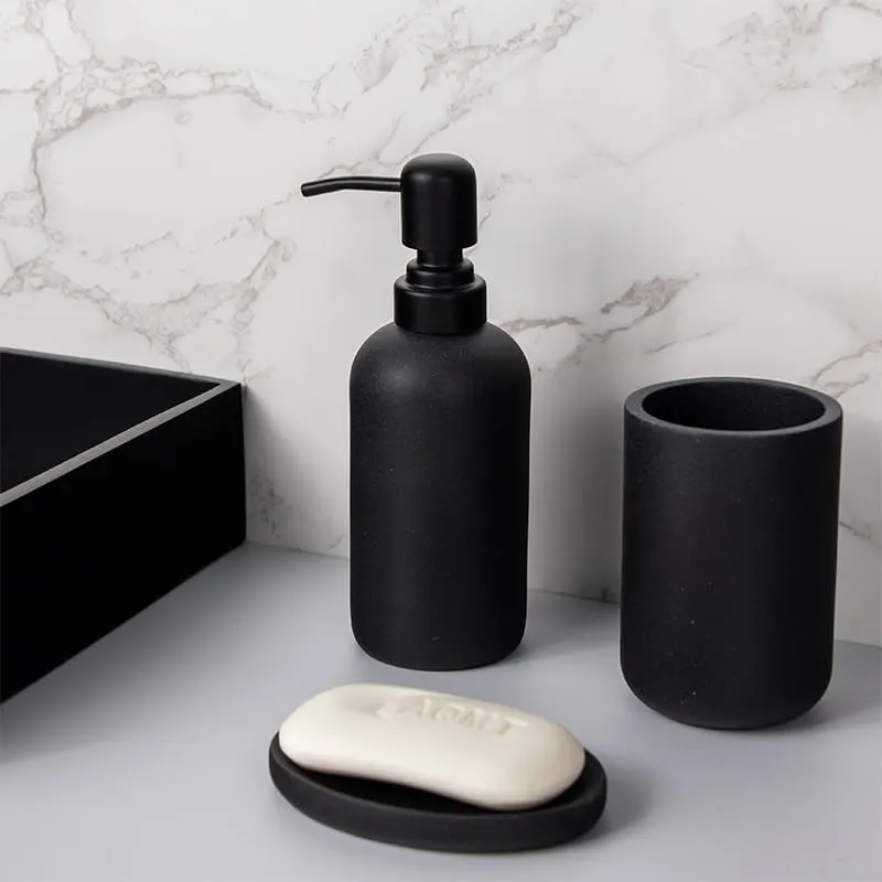 UMAI 4 Pcs Polyresin Bathroom Accessories Set - Soap Dispenser for Bathroom, Soap Holder for Bathroom, Tumbler & Tray | Bathroom Organiser | Handwash Dispenser | Moisture-Resistant | Black