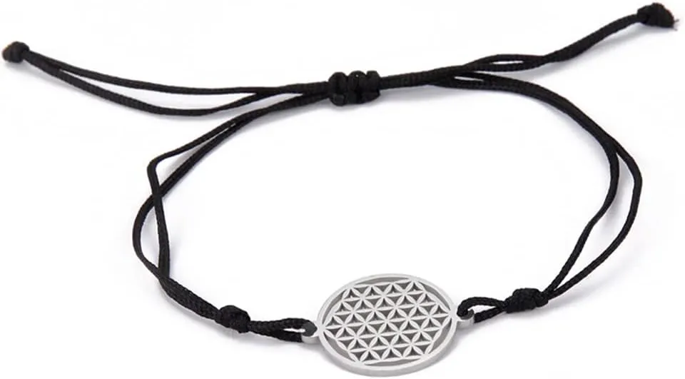 UNIFT Flower Of Life Pendant Bracelet For Women Stainless Steel Geometry Style Hollow Out Flower of Life Double Rope Bracelet Inspirational Adjustable Bracelet Jewelry