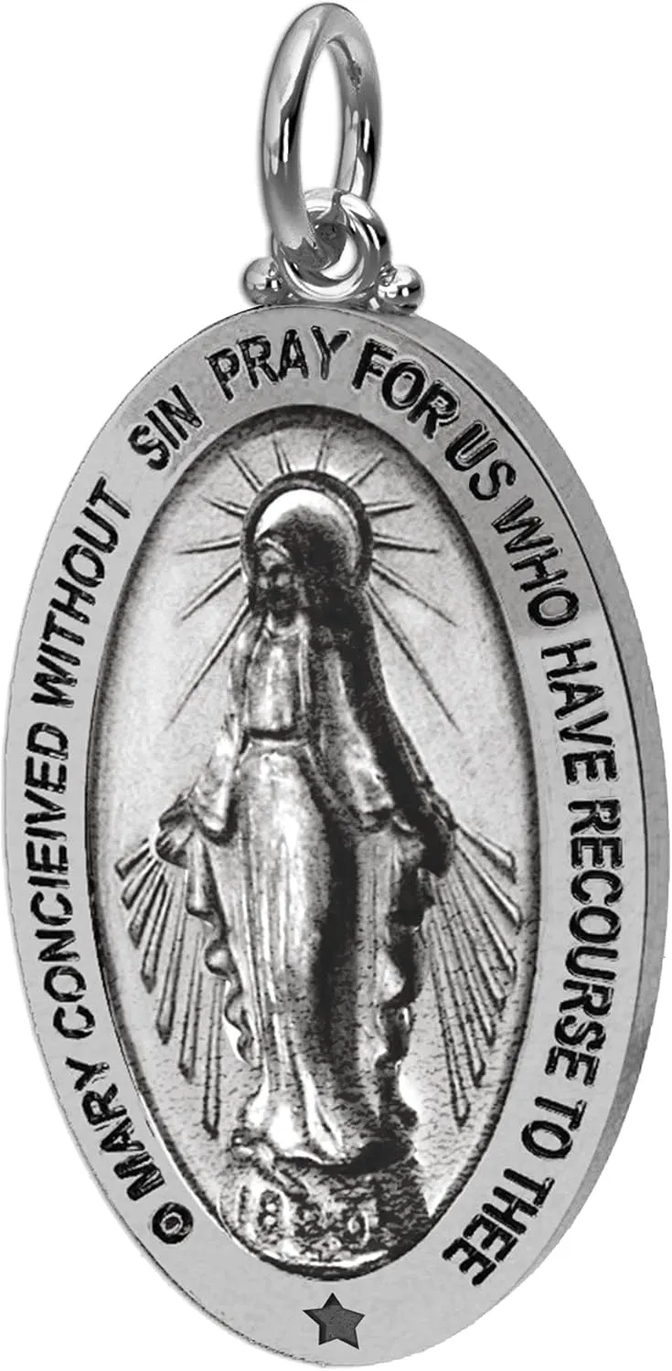 US Jewels Ladies 925 Sterling Silver 32.5mm Virgin Mary Antique Finish Pendant