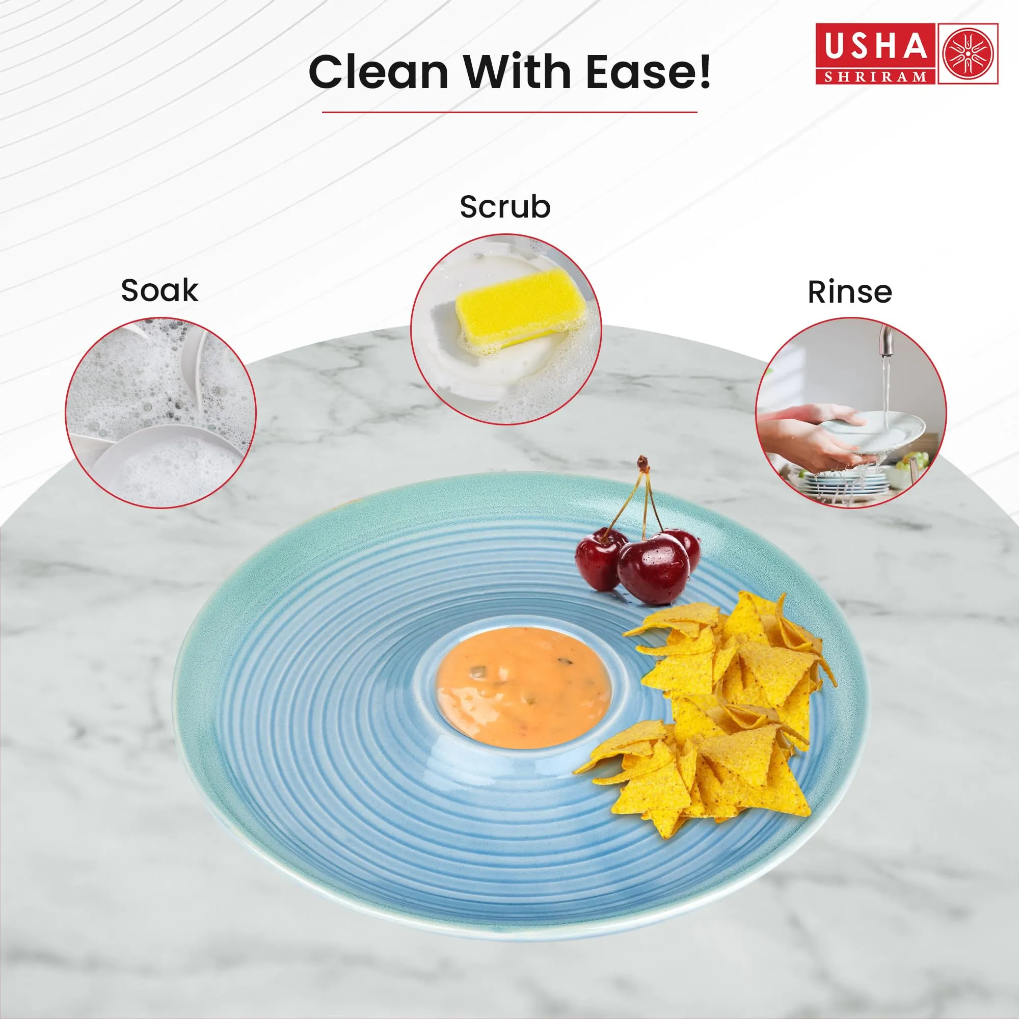 USHA SHRIRAM Ceramic Snack Tray with Dip Bowl | Chutney Bowl | Salsa Dip Tray (10 Inch)| Ceramic Serving Platter | Platter Tray | Snack Tray | Serving Plate | Microwave Safe Plates (Blue)
