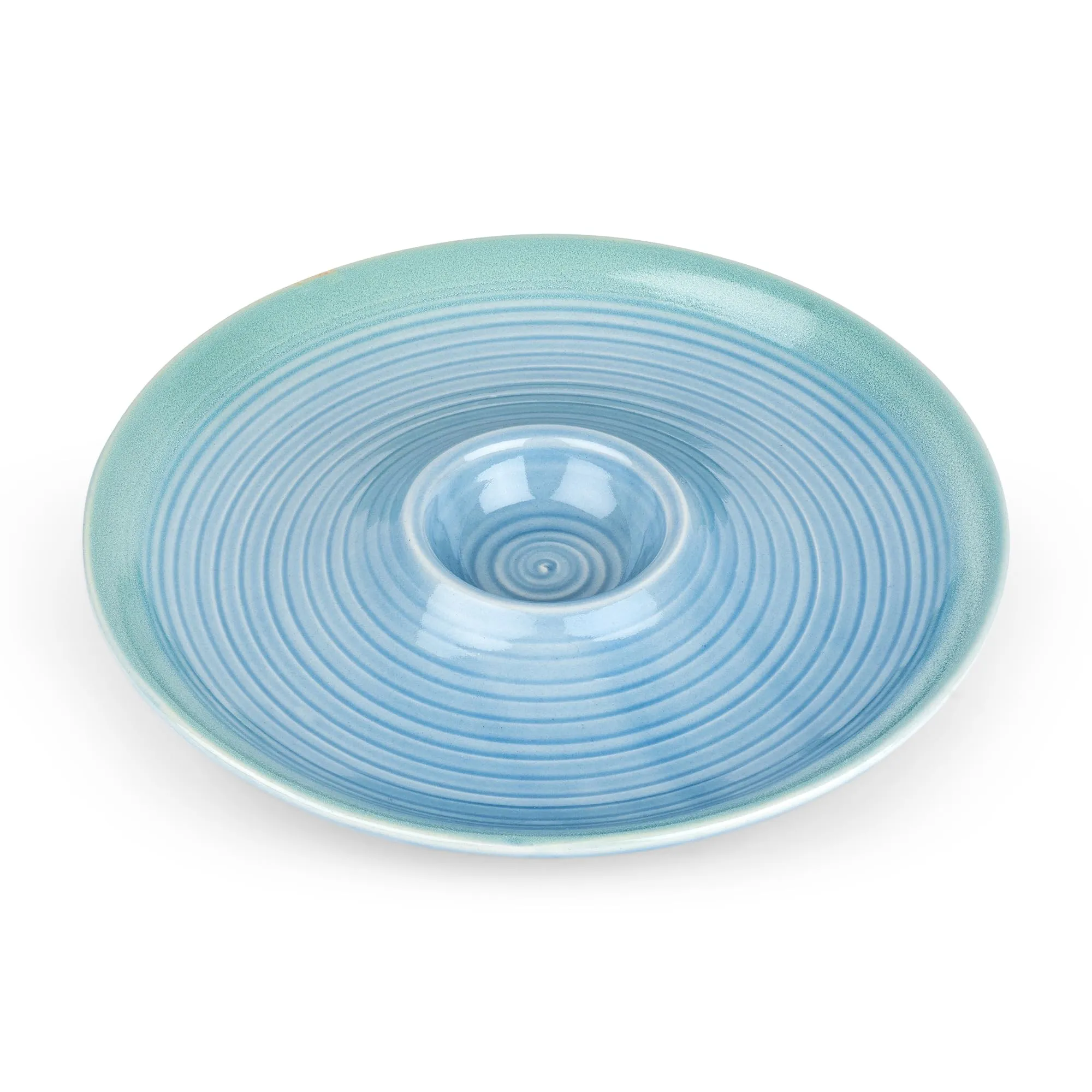 USHA SHRIRAM Ceramic Snack Tray with Dip Bowl | Chutney Bowl | Salsa Dip Tray (10 Inch)| Ceramic Serving Platter | Platter Tray | Snack Tray | Serving Plate | Microwave Safe Plates (Blue)