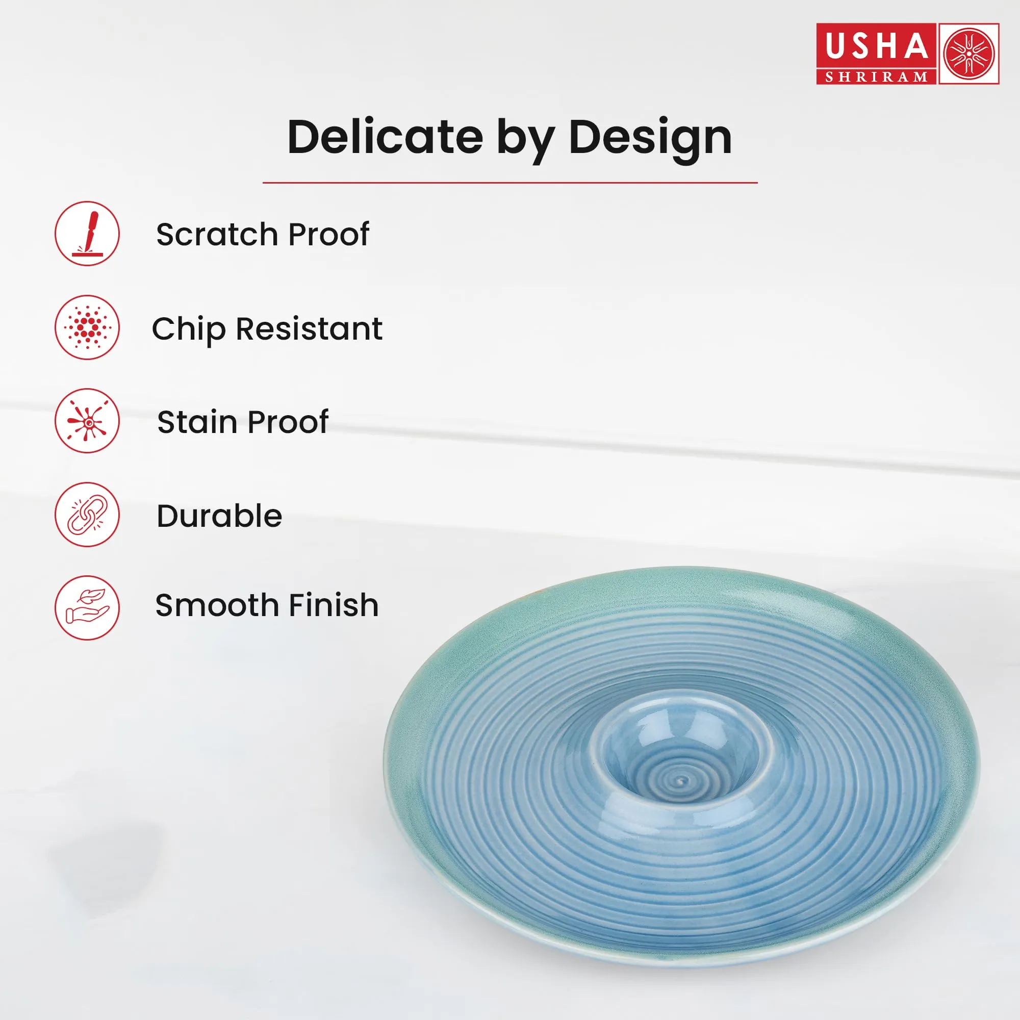 USHA SHRIRAM Ceramic Snack Tray with Dip Bowl | Chutney Bowl | Salsa Dip Tray (10 Inch)| Ceramic Serving Platter | Platter Tray | Snack Tray | Serving Plate | Microwave Safe Plates (Blue)