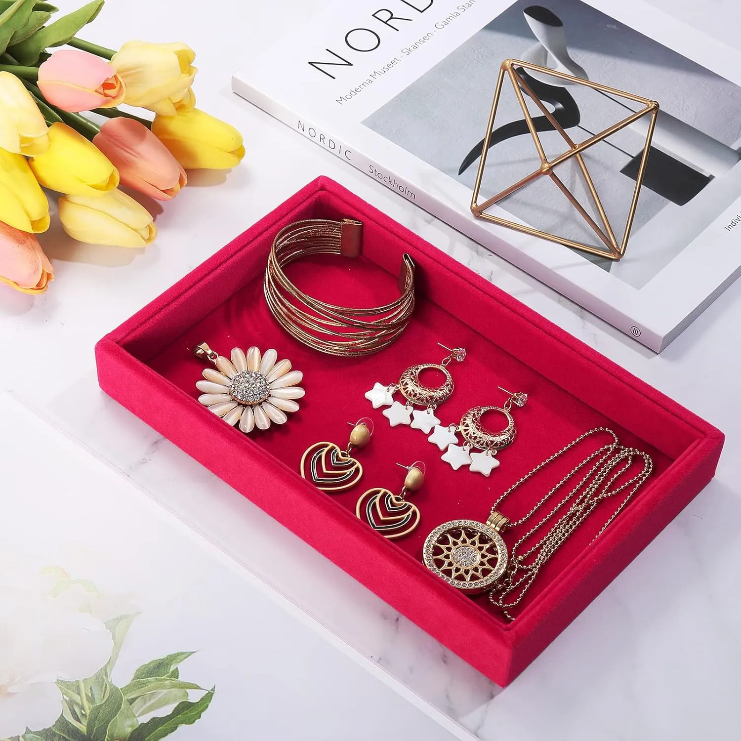 Valyria Velvet Empty Ring Earrings Tray Box Showcase Display Jewelry Organizer (Fuchsia)