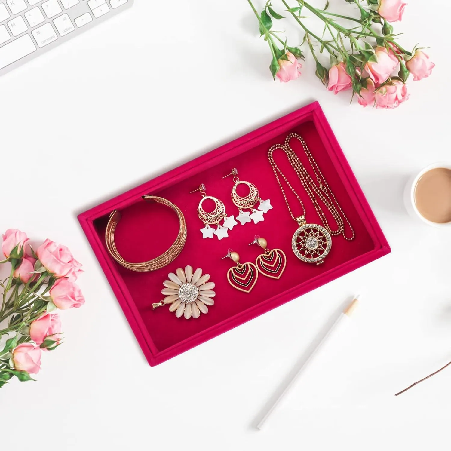 Valyria Velvet Empty Ring Earrings Tray Box Showcase Display Jewelry Organizer (Fuchsia)