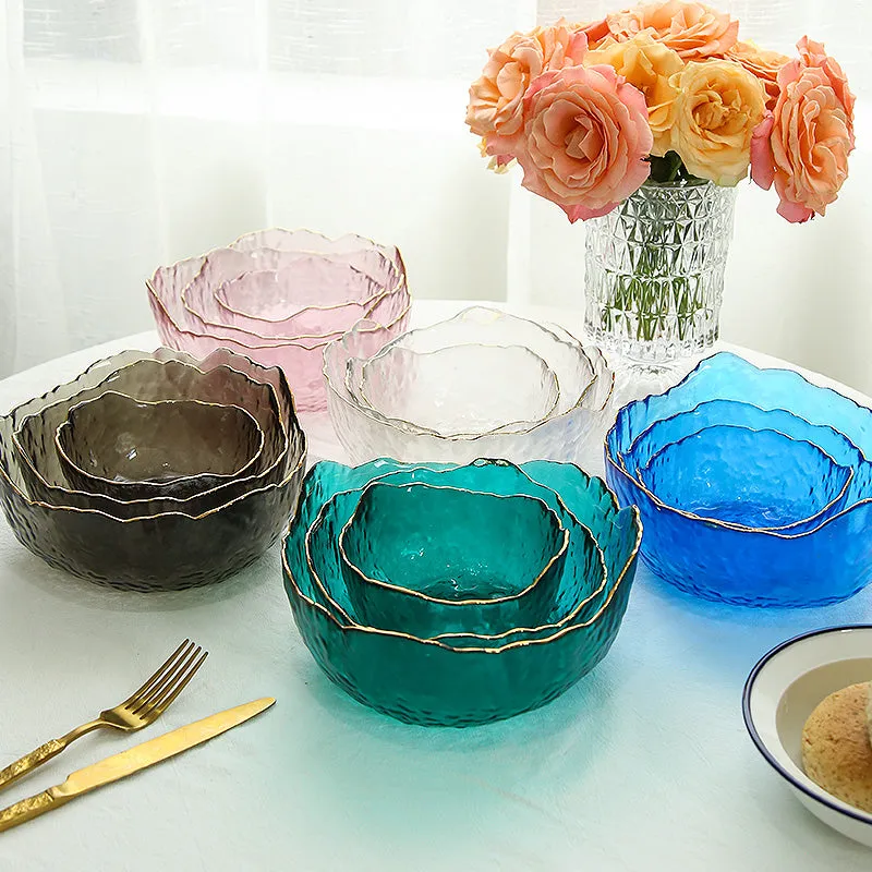 Vintage Dimpled Glass Bowl with Gold Trim