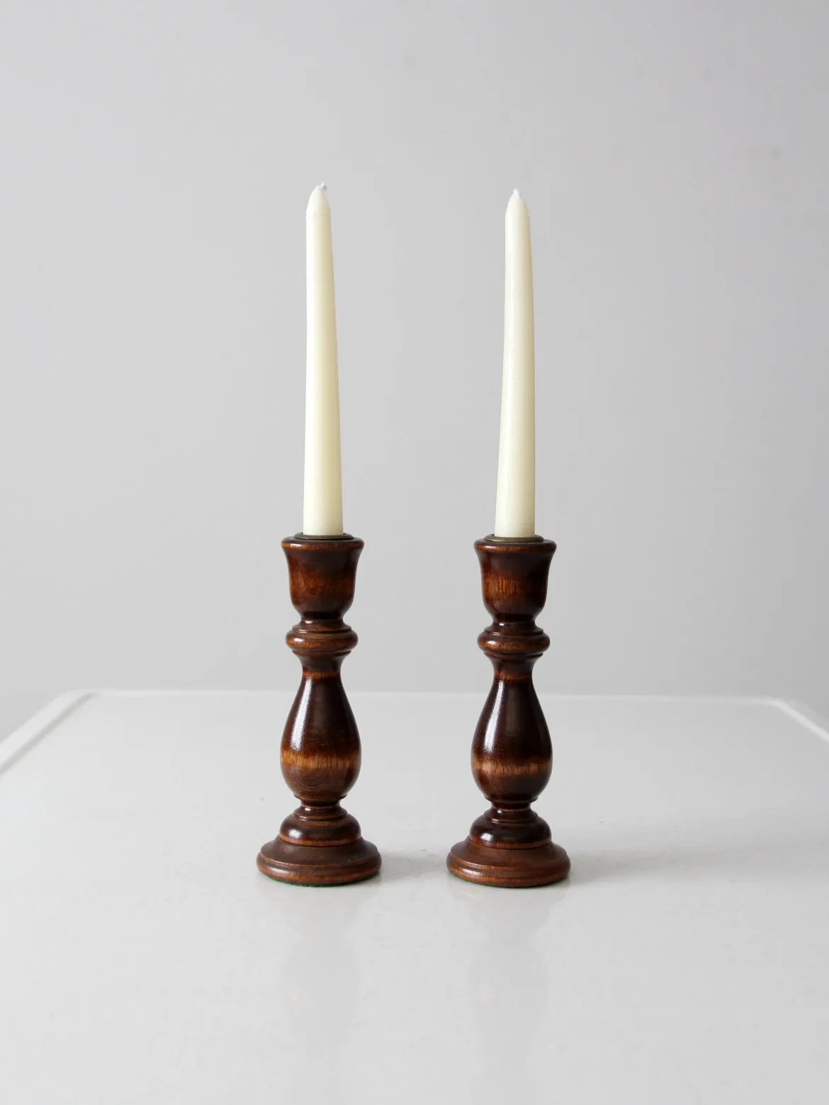 vintage turned wood candle holders pair