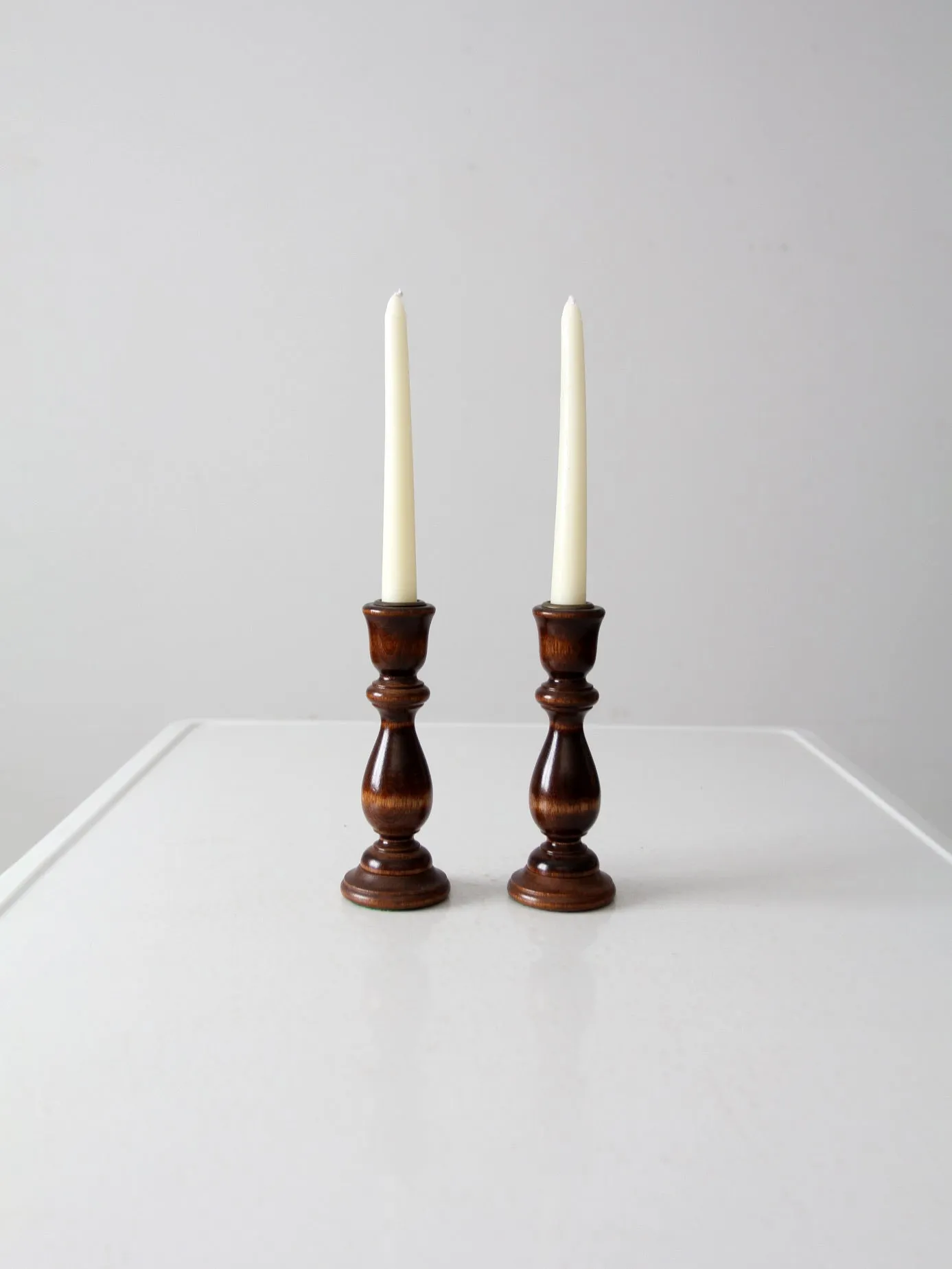 vintage turned wood candle holders pair