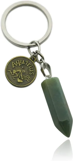 Zodiac Crystal Stone Keychain Natural Rose Stone/Red Agate/Aventurine Healing Crystal Keychain