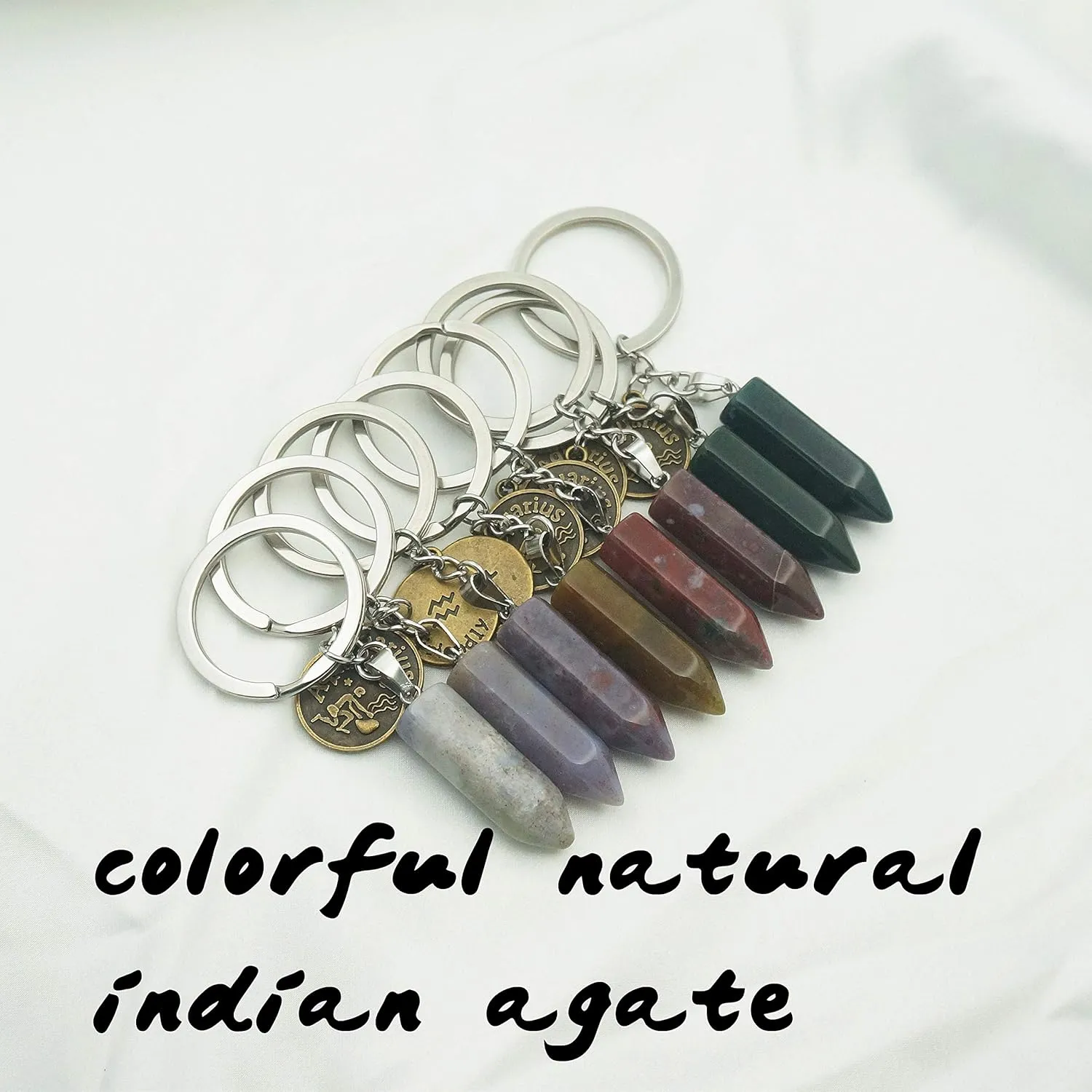 Zodiac Crystal Stone Keychain Natural Rose Stone/Red Agate/Aventurine Healing Crystal Keychain