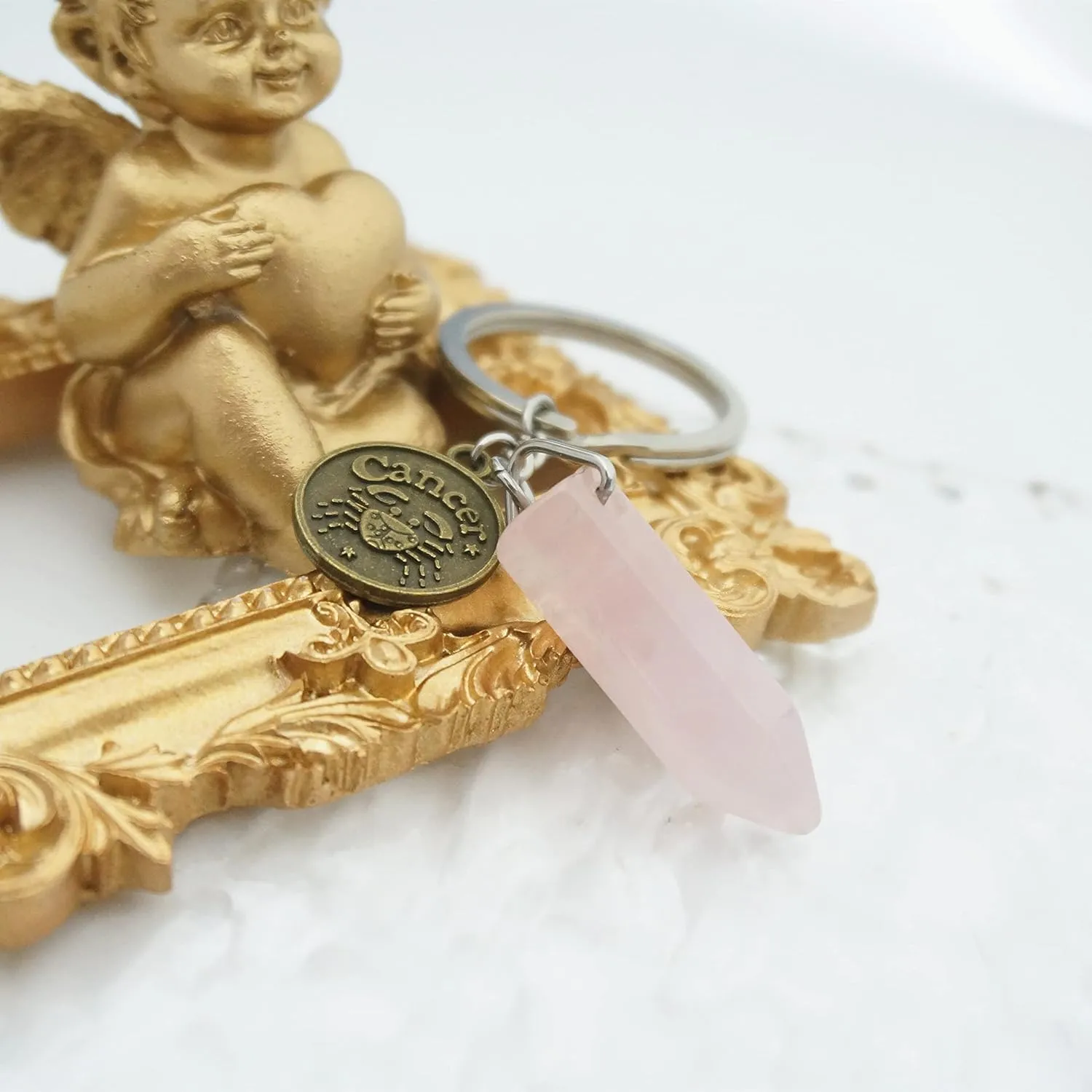 Zodiac Crystal Stone Keychain Natural Rose Stone/Red Agate/Aventurine Healing Crystal Keychain