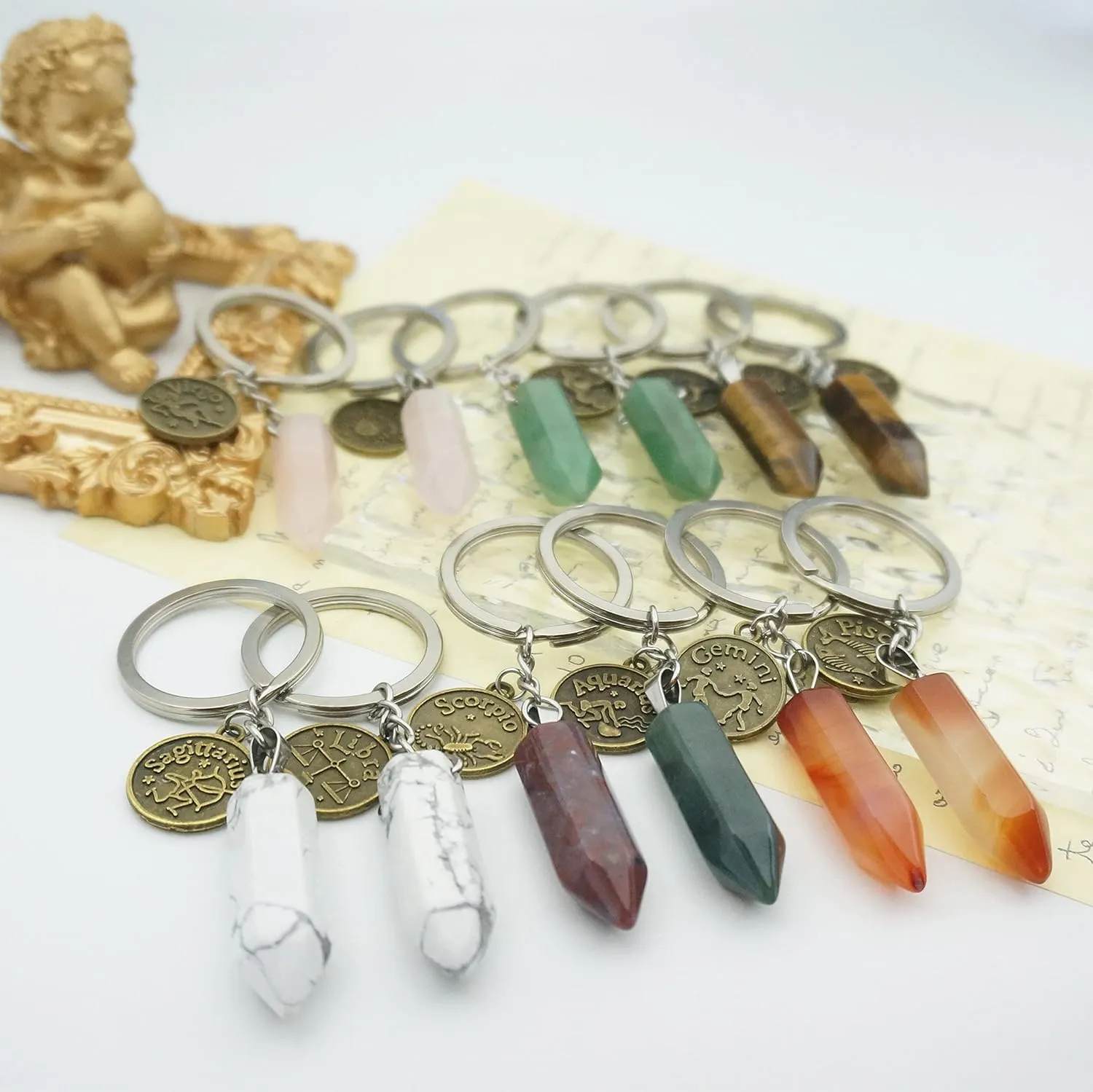 Zodiac Crystal Stone Keychain Natural Rose Stone/Red Agate/Aventurine Healing Crystal Keychain