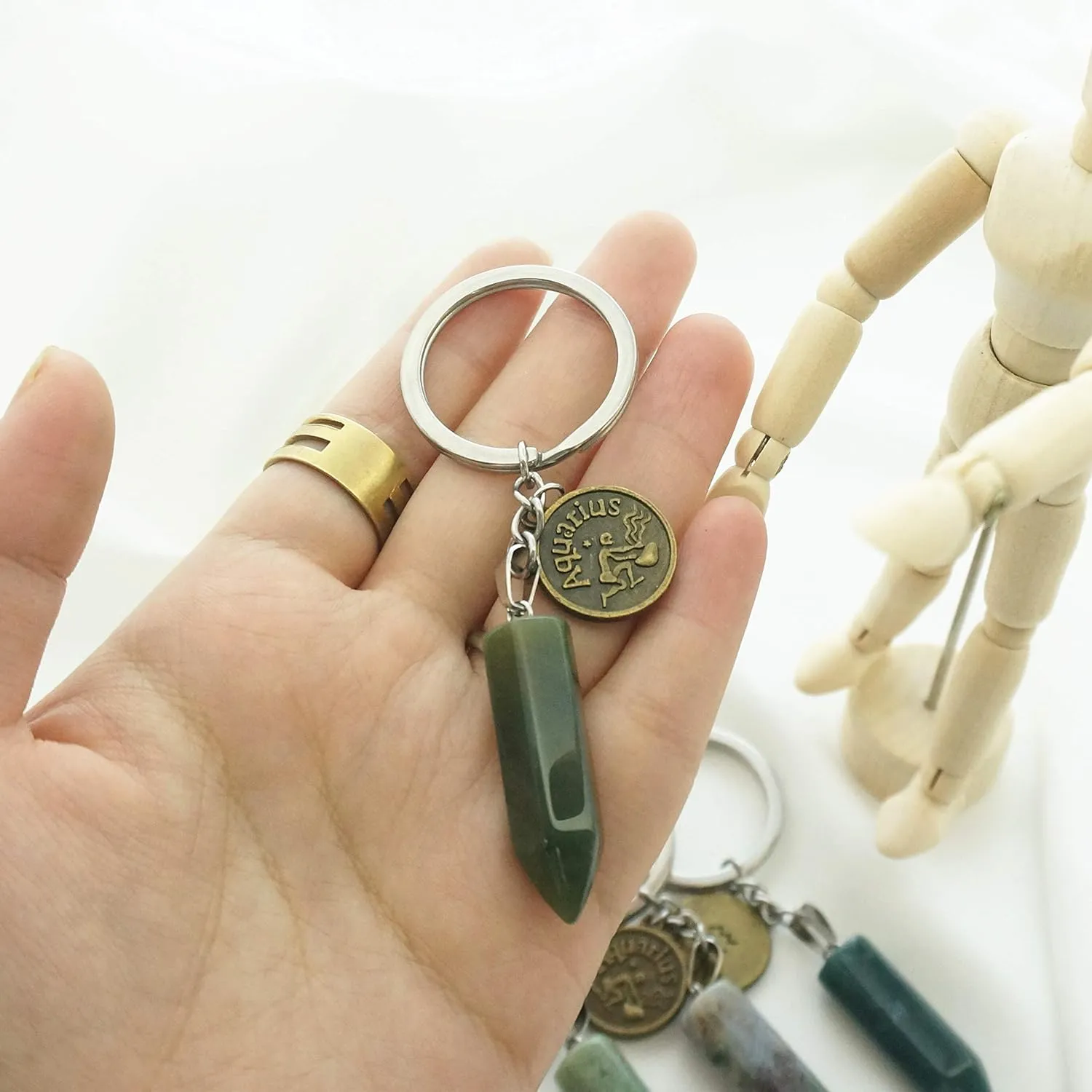 Zodiac Crystal Stone Keychain Natural Rose Stone/Red Agate/Aventurine Healing Crystal Keychain