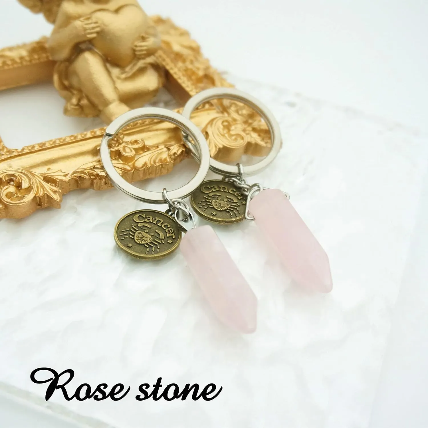 Zodiac Crystal Stone Keychain Natural Rose Stone/Red Agate/Aventurine Healing Crystal Keychain