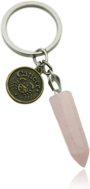 Zodiac Crystal Stone Keychain Natural Rose Stone/Red Agate/Aventurine Healing Crystal Keychain